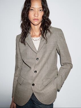 Massimo Dutti 100% Wool Houndstooth Blazer Beige Brown US 10